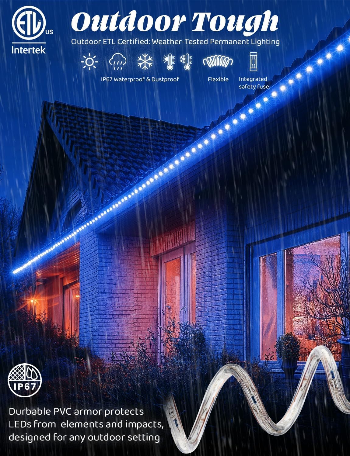 1656LEDs, 150ft Blue LED Rope Light w/ 8 Mode 1/2" Thick, Controller Connectable Outdoor Permanent Waterproof Accent Exterior Lighting, ETL Certified, Holiday Christmas Backyard Décor