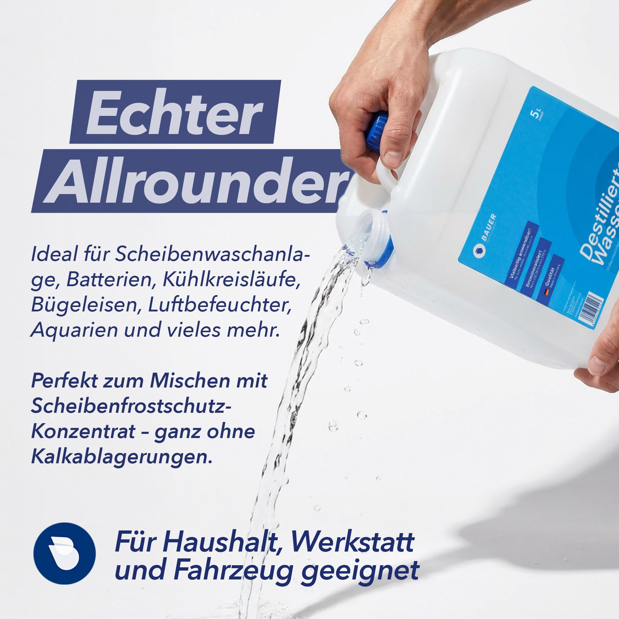 Destilliertes Wasser, Demineralisiert nach VDE 0510 & DIN57510, Ultra-Hochrein für Industrie und Haushalt, Vollentsalzt und Entmineralisiert, Made in Germany, TÜV-Geprüft, [4x5 Liter]