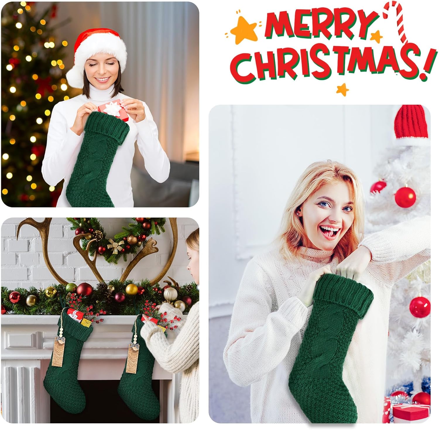Cozypower 4 Pack Christmas Stockings with Name Tag, 18 Inch Large Cable Knitted Stockings Xmas Hanging Stocking Gift Bags for 2026 Fireplace Mantels Xmas Tree Decorations(Green)