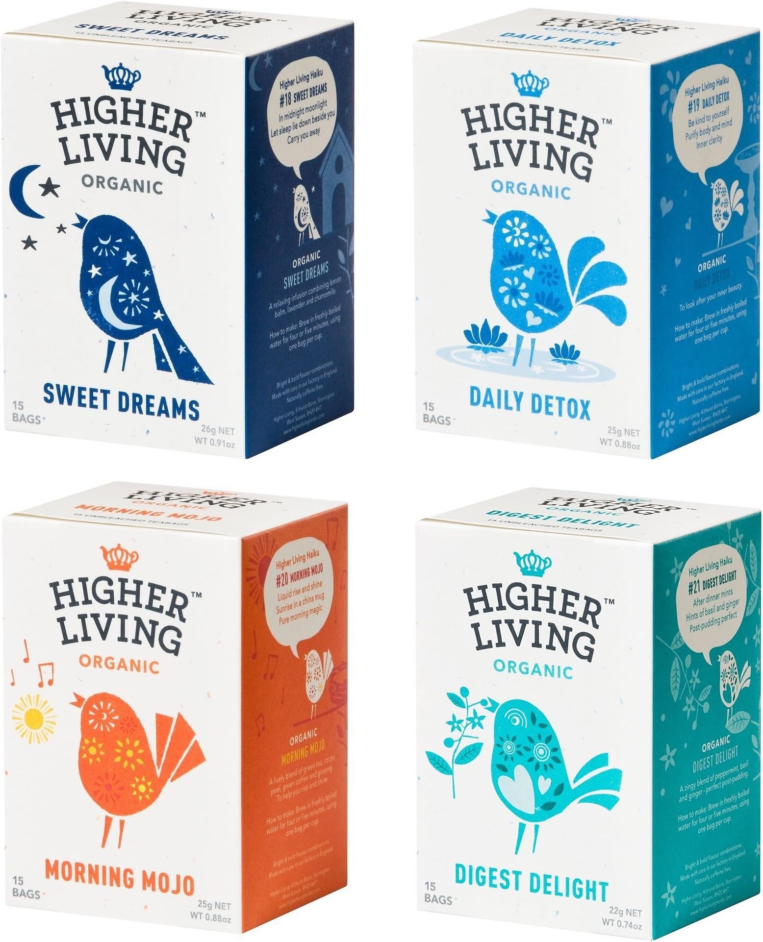 Higher Living Organic Tea, Variety Pack w/ 4 flavors (Sweet Dreams, Daily Detox, Morning Mojo, Digest Delight) 15 Ct / 4 Pack