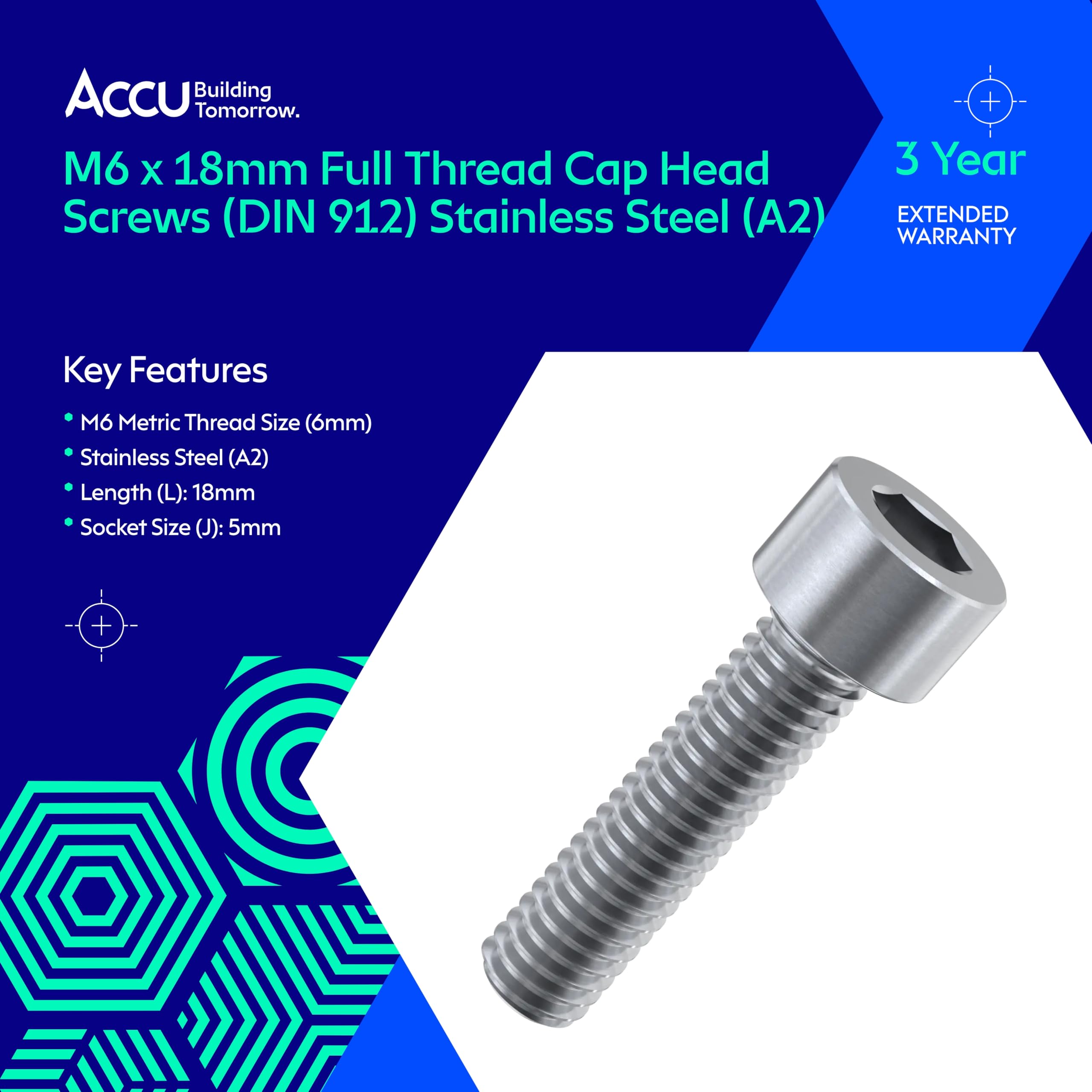 Accu - M6 x 18mm Full Thread Cap Head Screws (DIN 912) - Stainless Steel (A2) (Pack of 20) - Image 2