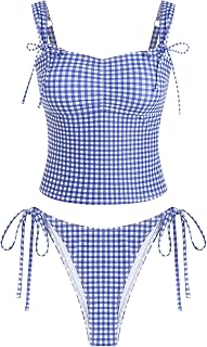 ZAFUL Women's Gingham Ruched Bowknot Decor Cinched Back Tankini Set Tummy Control 2 Piece Bikini Swimsuits Price In India