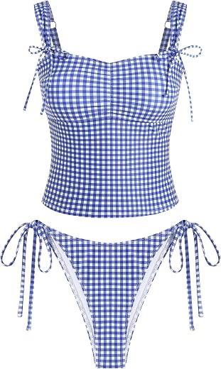 ZAFUL Women's Gingham Ruched Bowknot Decor Cinched Back Tankini Set Tummy Control 2 Piece Bikini Swimsuits