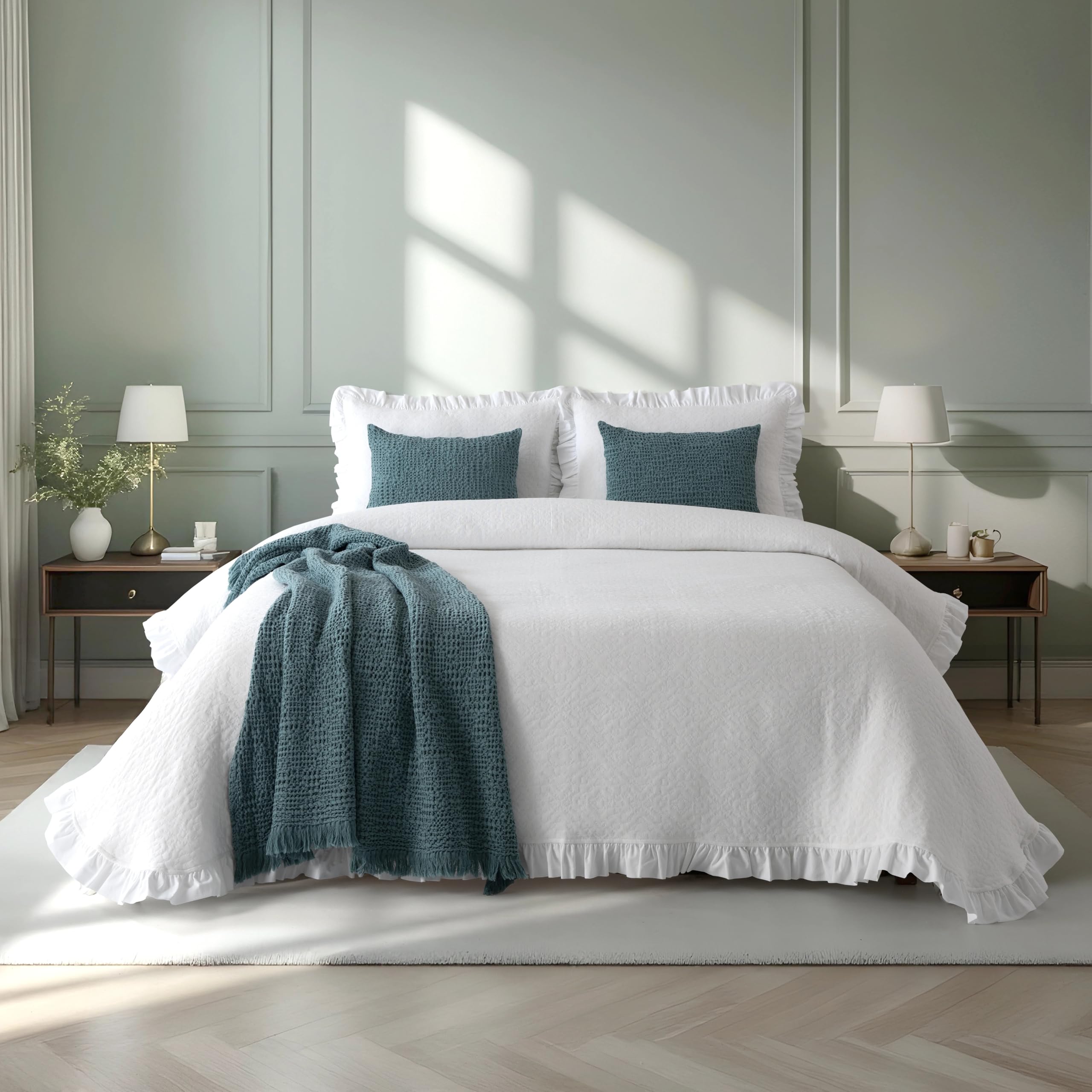 Colcha Marina con Volante Blanco - 50% Algodón, 50% Poliéster - Cama 150 cm (Colcha 240 x 260 cm) - Geométrico- Fabricado Portugal
