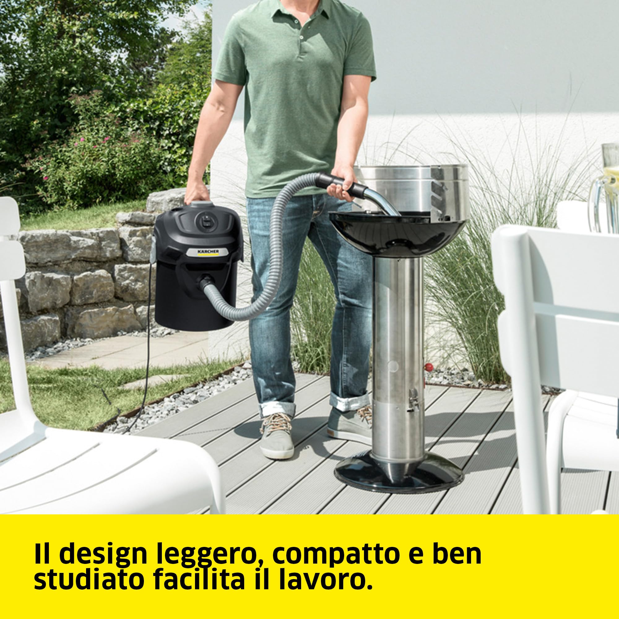 Kärcher AD 2 - Bidone Aspiracenere Portatile, Ignifugo, Filtro Auto-pulente, Aspirazione potente da 150AW, 600W, Contenitore 14L, Giallo/Nero