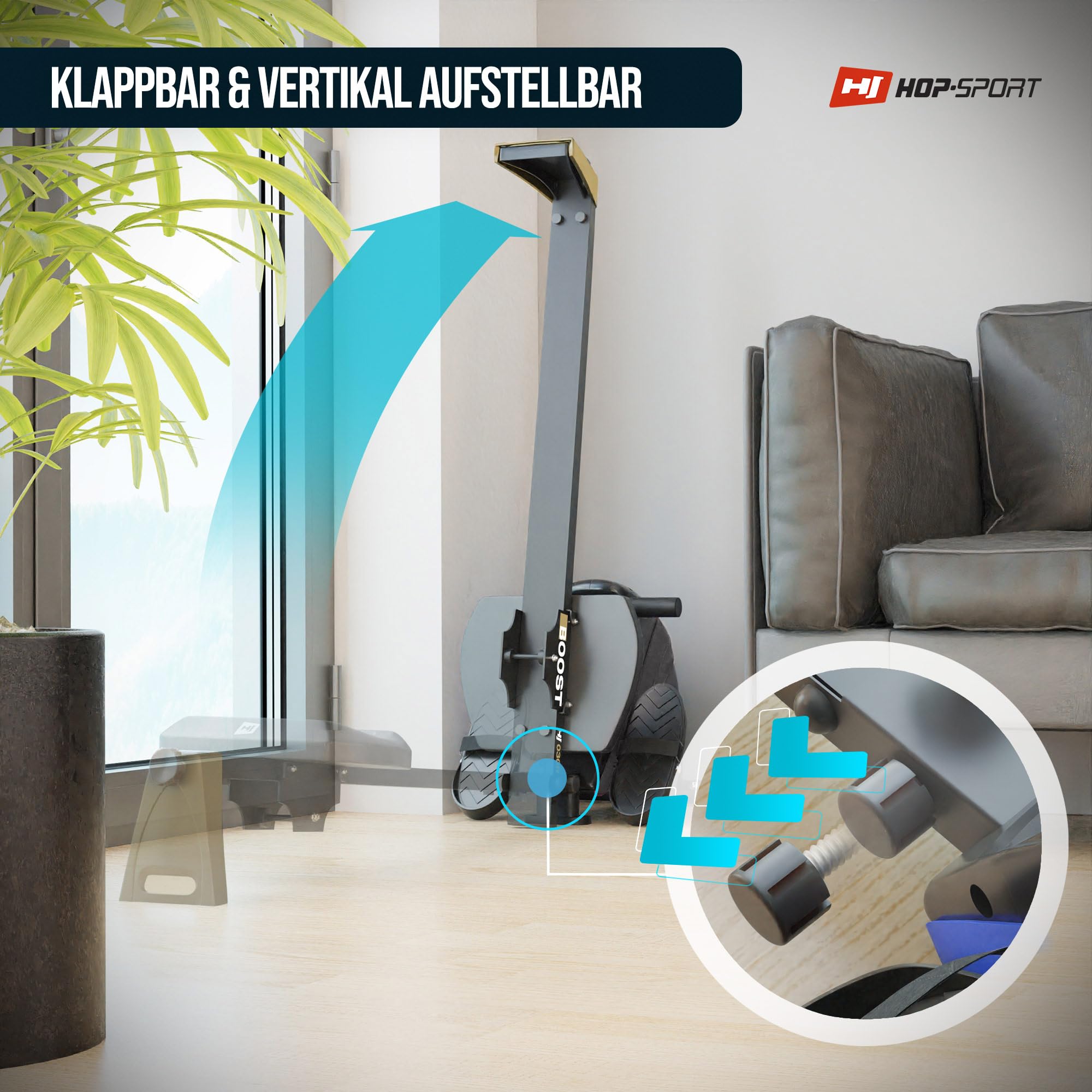 Hop-Sport Rudergerät Boost, Magnetbremssystem, LCD Display, 10 Widerstandsstufen, Klappbar, Cardiogeräte für Zuhause, Ideal für Ganzkörpertraining, 120 kg Max. Belastbarkeit