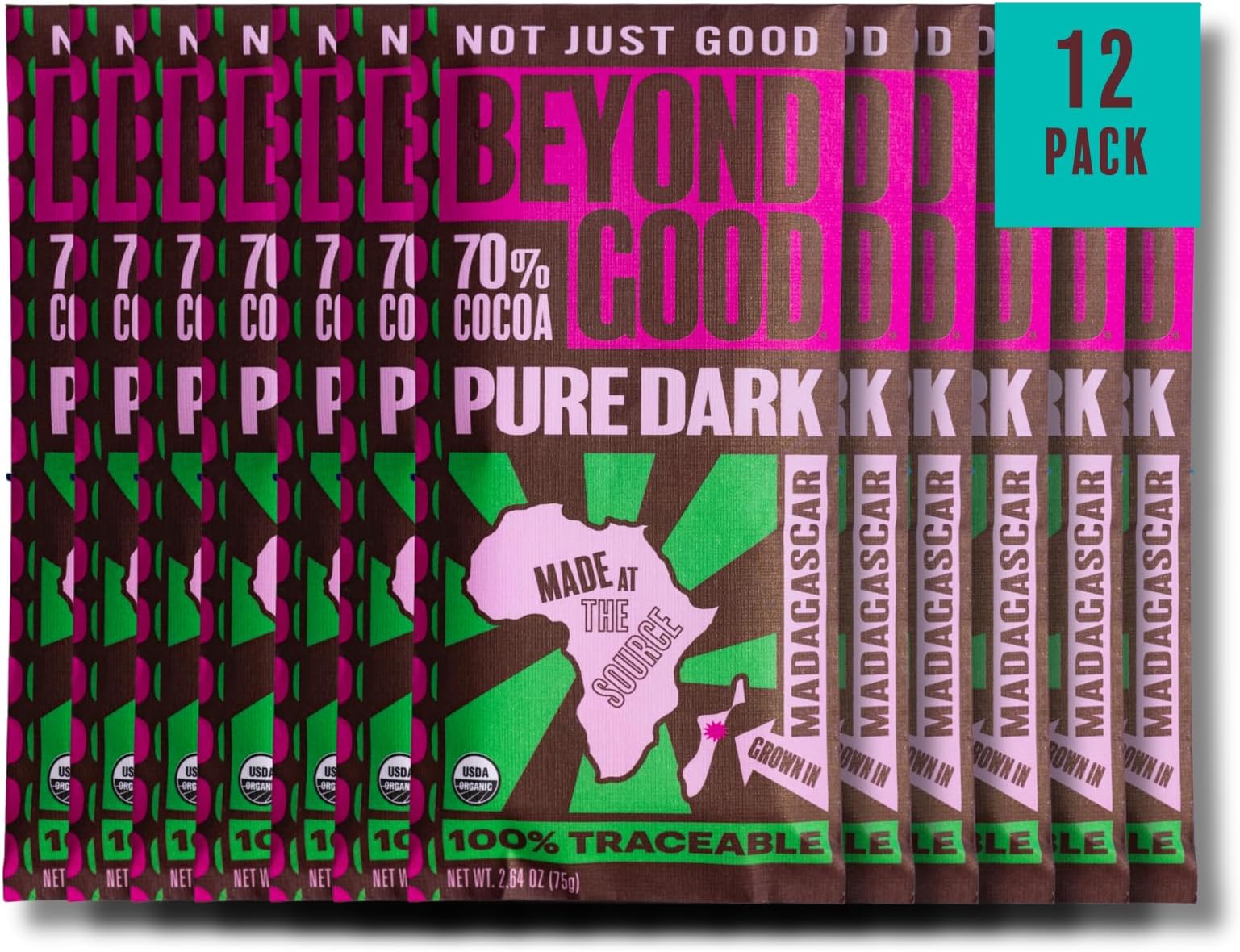 Beyond Good 70% Cocoa Pure Dark Chocolate | 12 Pack - Chocolate Bars | Organic, Direct Trade, Vegan, Kosher, Non-GMO | Single Origin Heirloom Madagascar Dark Chocolate