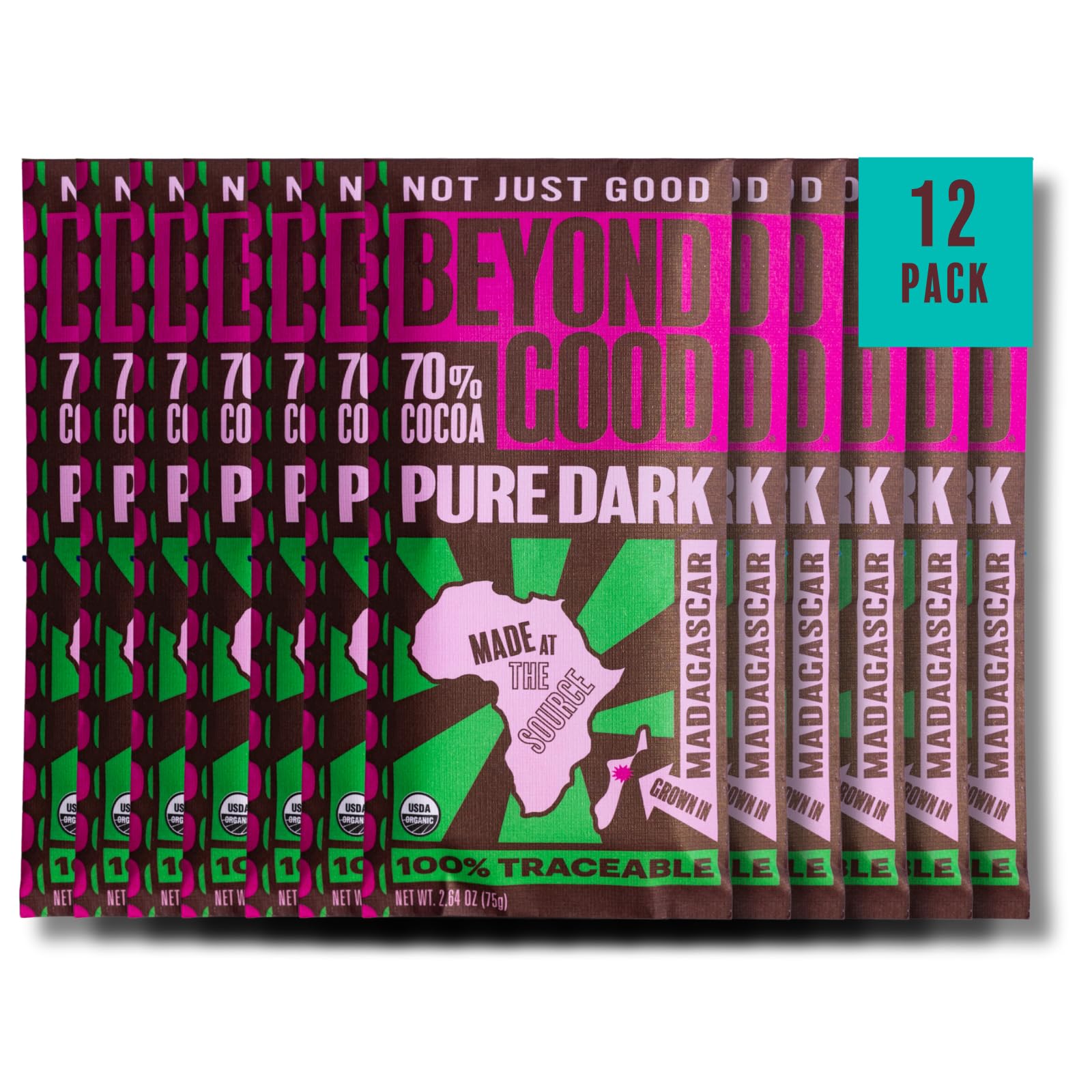 70% Cocoa Pure Dark Chocolate | 12 Pack - Chocolate Bars | Organic, Direct Trade, Vegan, Kosher, Non-GMO | Single Origin Heirloom Madagascar Dark Chocolate