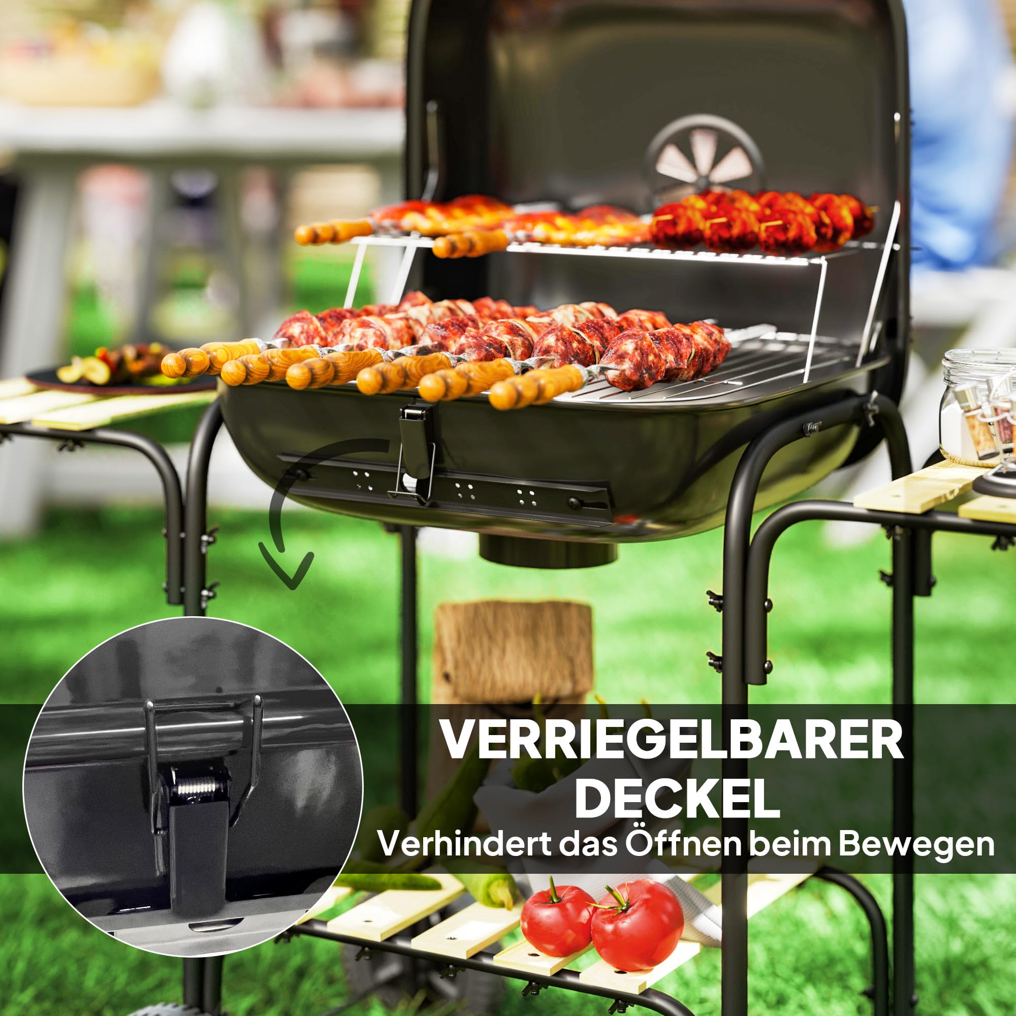 Outsunny Grill węglowy ze stali, przenośny grill z zamykaną pokrywą, rusztem, kółkami i drewnianymi półkami, grill ogrodowy BBQ, 98 x 54 x 91 cm, czarny