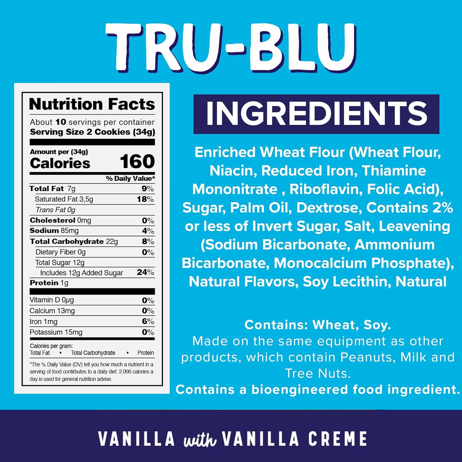 Tru-Blu Vanilla Cookies with Vanilla Crème | No artificial ingredients | No High Fructose Corn Syrup | Made in the USA |12 Ounce (Pack of 6)