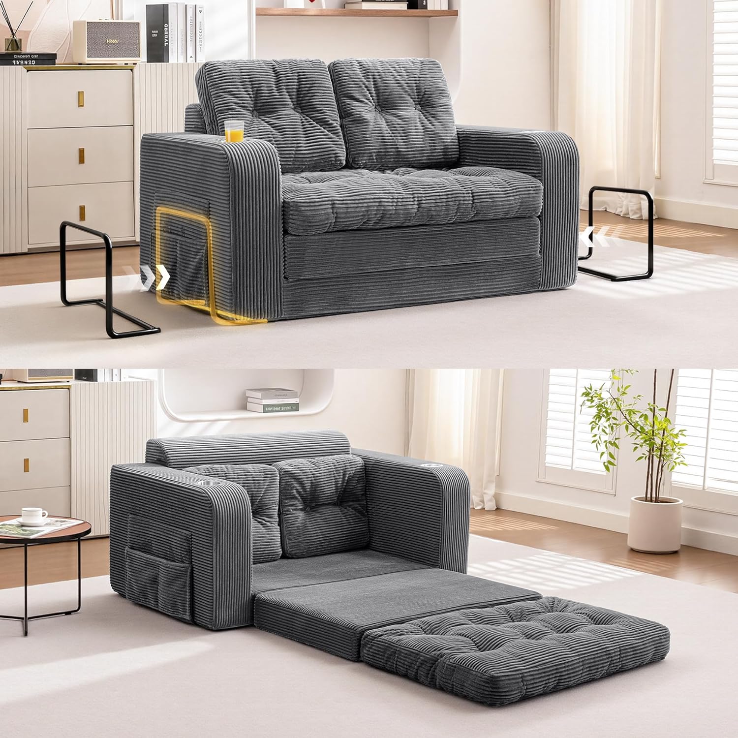 ALLGOD Grey Convertible Sofa Bed with Pillows, Pull Out Couch with Cup Holder and Fixed-Shape Frame, 2 in 1 Small Folding Sofa Bed Loveseat Sleeper Bed for Bedroom Living Room Guest Room