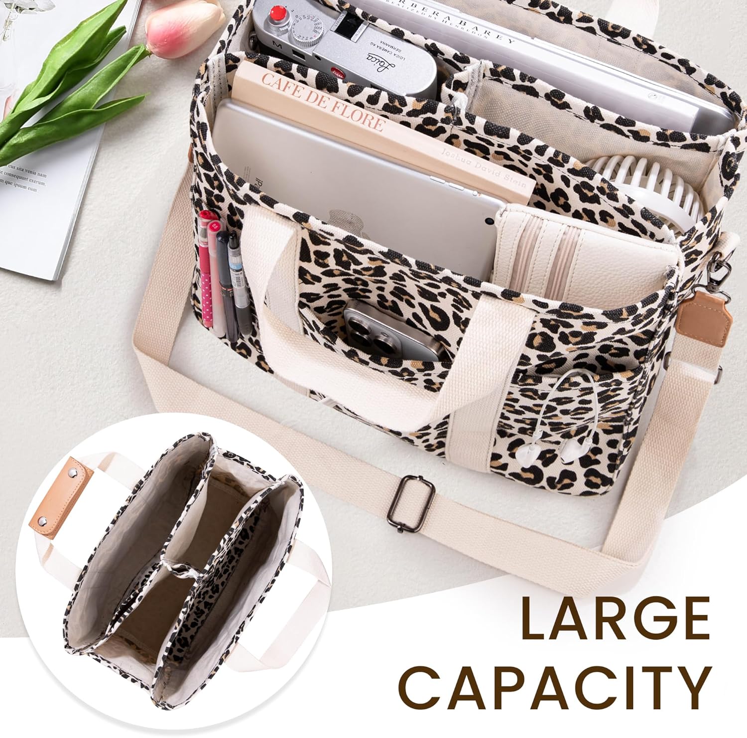 Canvas Tote Bag with Multi Pocket Crossbody Bag for Women Tote Bag with Adjustable Shoulder Strap Handbag (No zipper) - Image 4