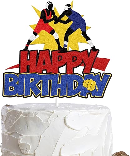 Decoración para tartas de feliz cumpleaños, color azul y rojo con purpurina para luchador, decoración para tartas, guerreros, temática de lucha,