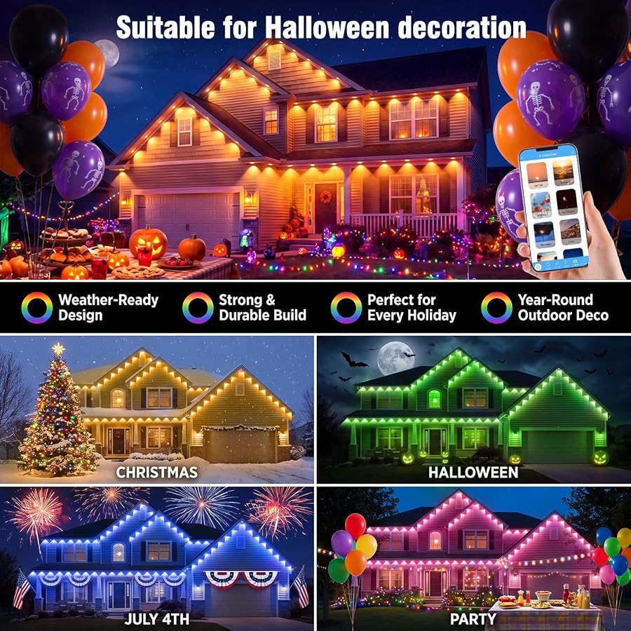 MUCCCUTE Permanent Outdoor Lights for Holidays Easter 100ft RGB House Light w/App & Remote Control Smart Rainbow LED IP67 Waterproof for New Year Christmas Roof Eaves Garden Décor All Year Around, image 4