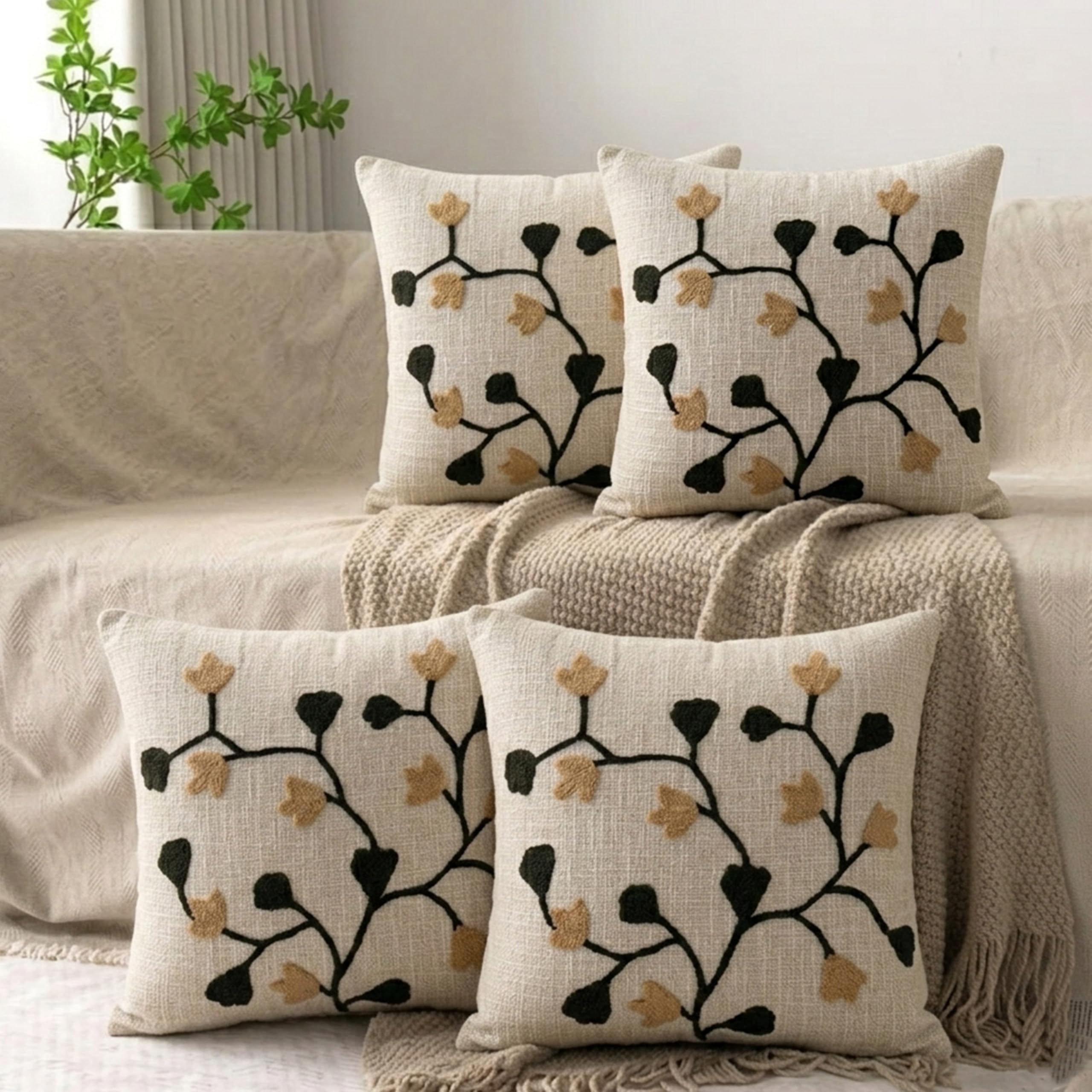 SILK & YANA Cotton Cushion Covers 16x16 Inch Pack of 4 | Black Petal Embroidery Decorative Covers for Sofa, Bed & Living Room