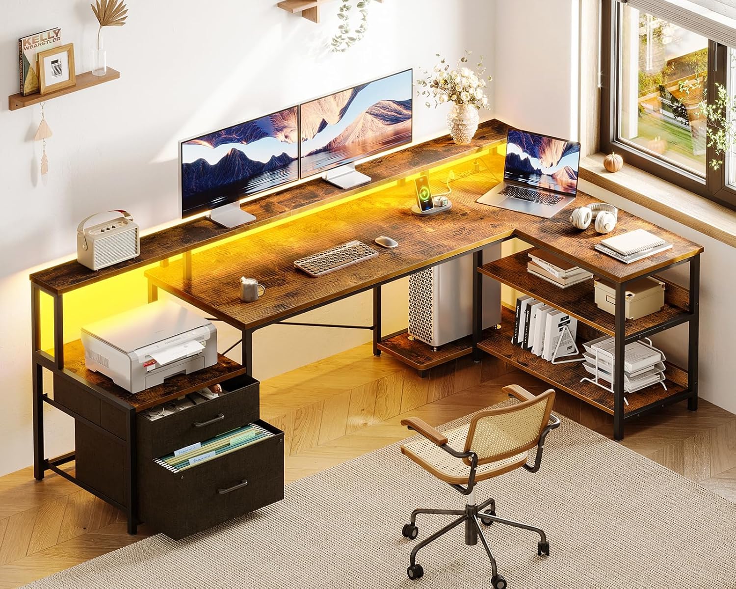 ODK L Shaped Desk with file drawers and storage shelves.