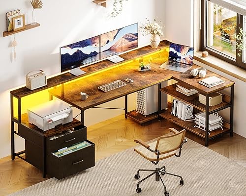 Miniatura 10 de ODK Escritorio en forma de L con cajón de archivos, escritorio reversible en forma de L de 66 pulgadas con toma de corriente y tira LED, escritorio