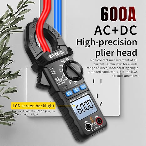 Digital Amp Clamp Meter 6000 Counts Multimeter Tester with 35mm Jaws for AC/DC Current and Voltage Meter, Resistance, Diode Capacitance, Continuity, Frequency, Thermocouple, NCV, Auto-Ranging