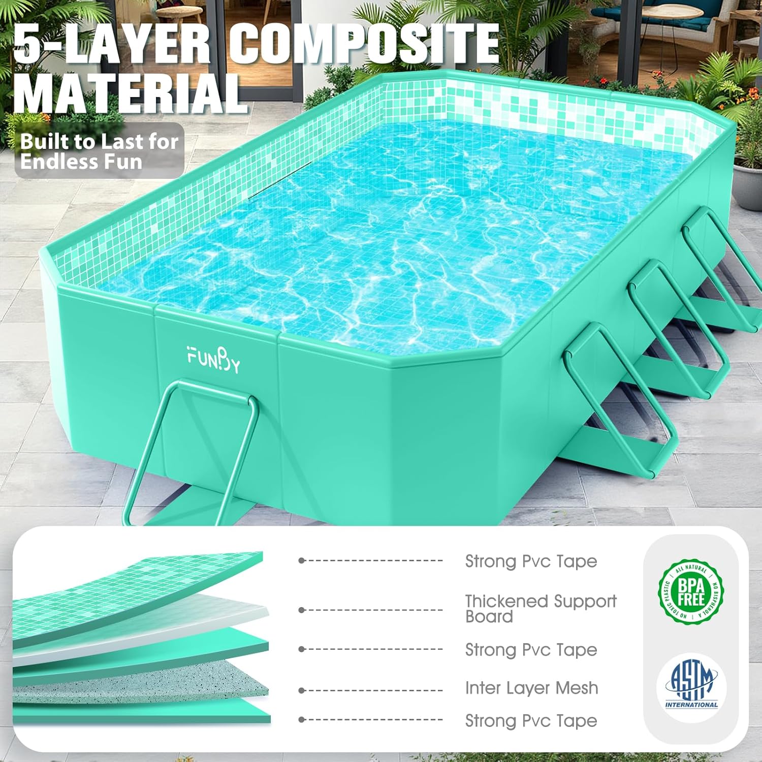 FunBy Foldable Pool, Foldable Swimming Pool, Large Foldable Pool for Adults, Non-Inflatable Pool,Oversize Thickened Collapsible Pool, Kids Pool for Backyard,Mosaic Design 90"x50"x20"-Green