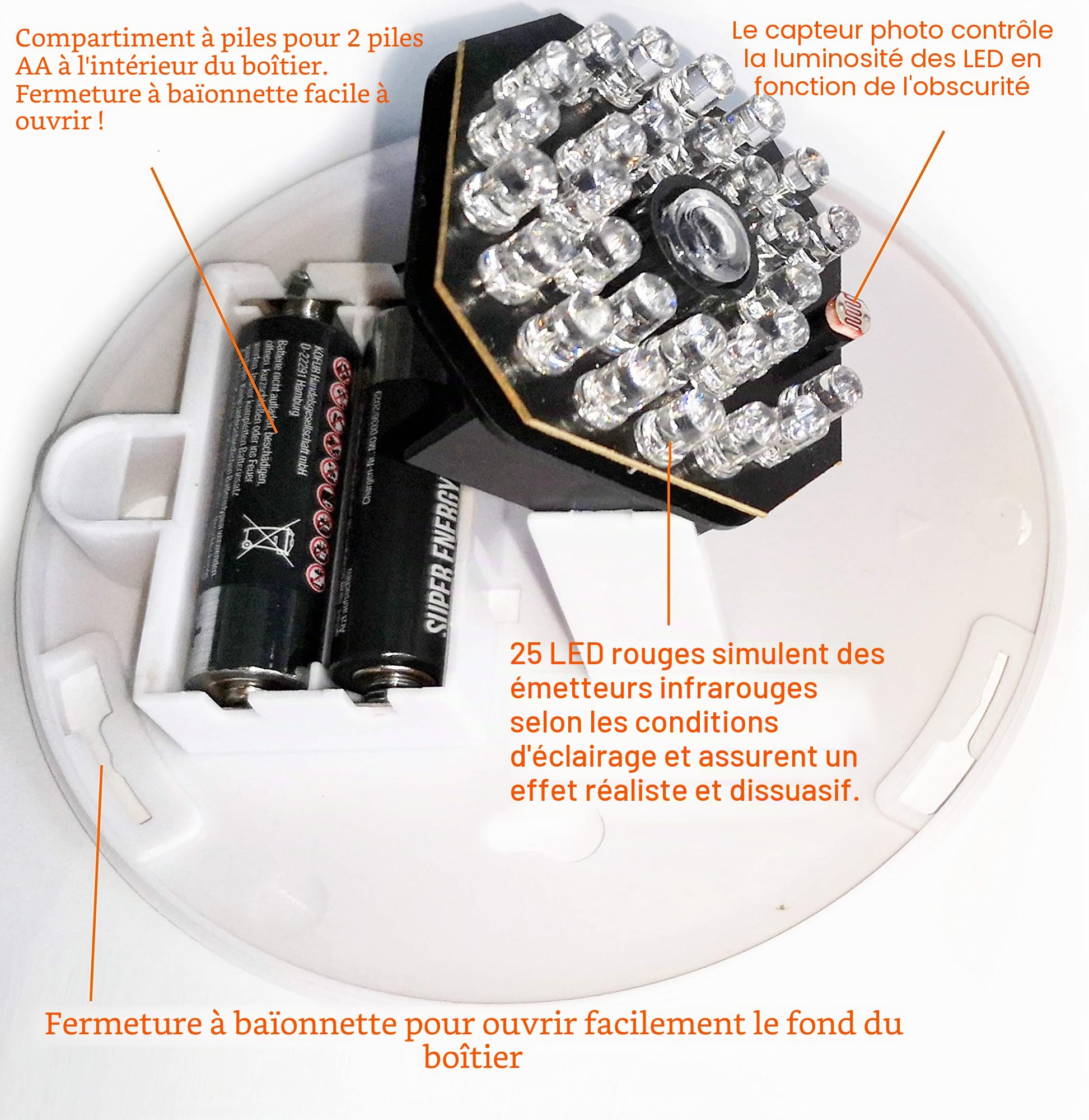 Lot de 4 caméras factice avec 25 LED rouges avec objectif - Fausse caméra de surveillance pour l'intérieur et l'extérieur