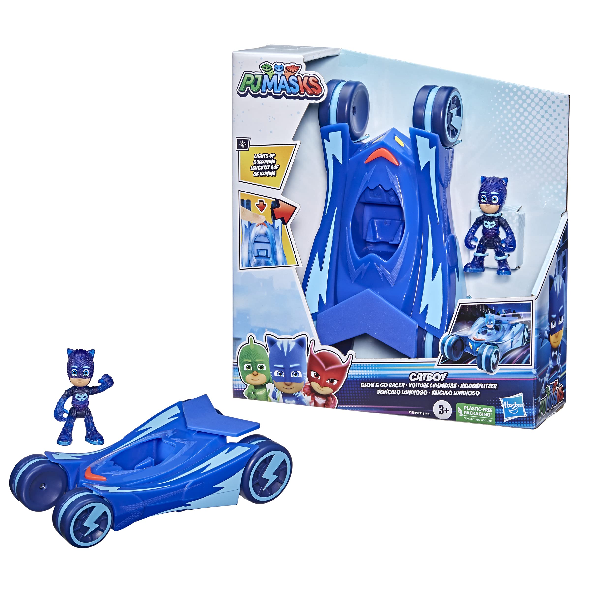 PJ Masks Glow & Go, Gattomobile, Veicolo Giocattolo per età prescolare, Auto di Gattoboy Che Si Illumina con Action Figure di Gattoboy, per Bambini dai 3 Anni in su