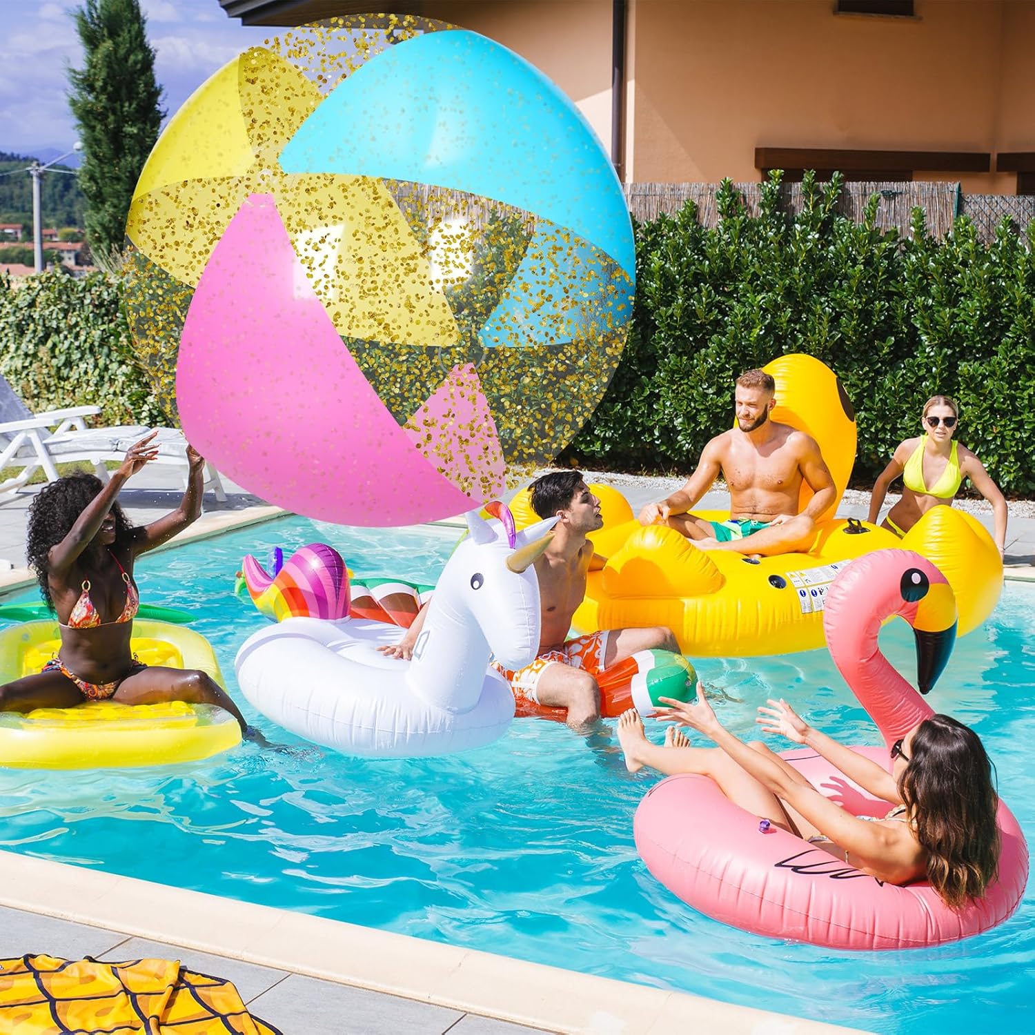 Realspring 2 Pcs 48 Inch Giant Inflatable Beach Ball, Jumbo Rainbow Glitter PVC Beach Pool Balls Large Blow up Toys for Kids Adults, Swimming Pool Party Outdoor Decoration