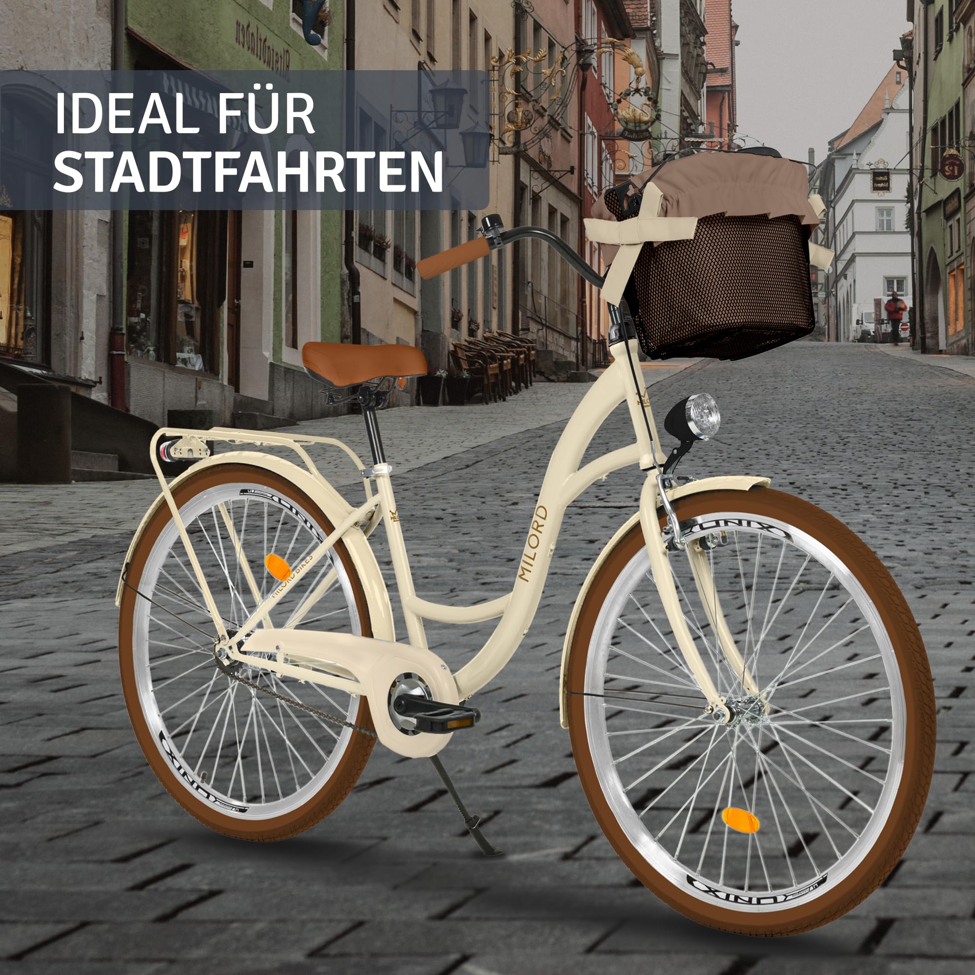 Balticuz OU Komfort Fahrrad mit Korb, Damenfahrrad, Citybike, 28 Zoll, Beige-Braun, 1-Gang Sport & Freizeit