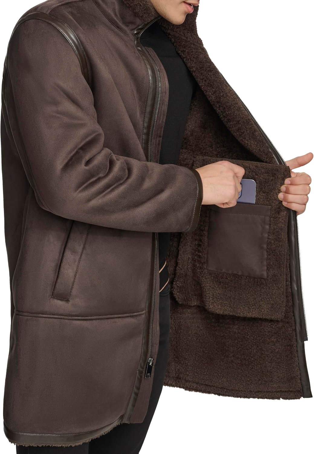 DKNY Men's Long Faux Shearling Coat