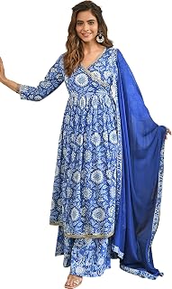 Janasya Women's Cotton Floral Block Print Kurta with Flared Palazzo and Dupatta Price In India