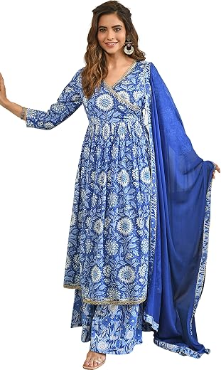 Janasya Women's Cotton Floral Block Print Kurta with Flared Palazzo and Dupatta