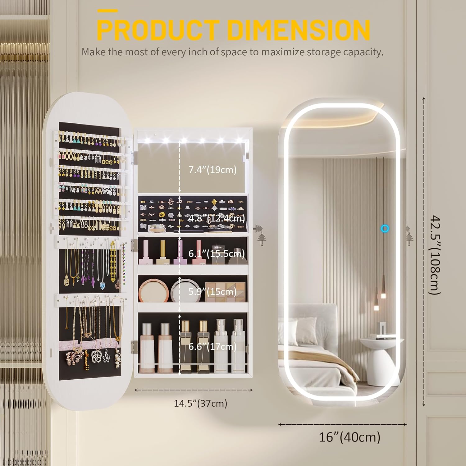 LVSOMT LED Lights Mirror Jewelry Cabinet, Wall Mount/Over the Door Jewelry Armoire Organizer, 42" Full Length Mirror with Storage, Built-in Makeup Mirror, Lockable Mirror Cabinet for Jewelry, White