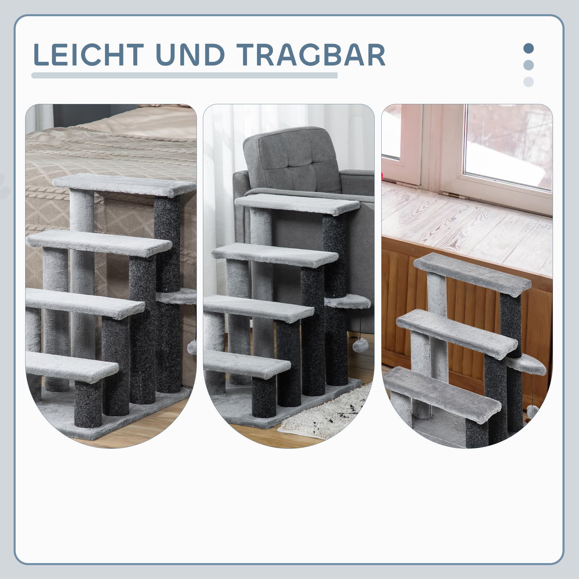 PawHut Katzentreppe 4-stufige Haustiertreppe mit Kratzsäulen Ball Hundetreppe Tiertreppe für Katzen Plüsch Jute Grau 60 x 40 x 64 cm