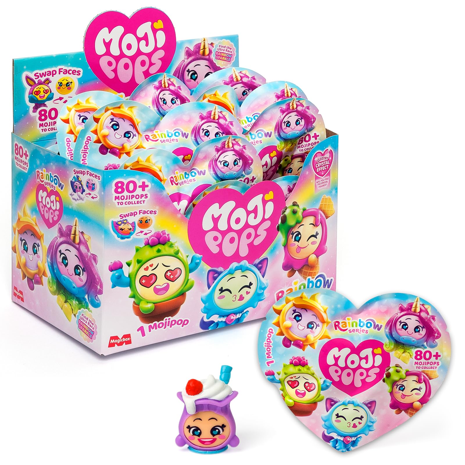 MOJIPOPS Rainbow Series – One Pack. Caja con 24 sobres con figuras coleccionables. Cada sobre Contiene 1 Mojipop sorpresa y 1 Checklist