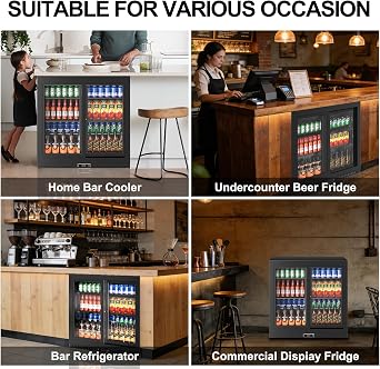 Rockit 220L Back Bar Fridge with Double Glass Sliding Door, Commercial Back Bar Drinks Cooler with LED Light for Bar, Home, Shop [Energy Class B]