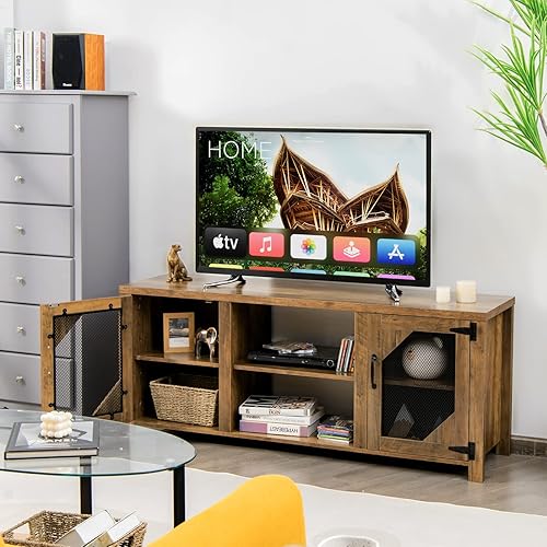 Miniatura 2 de Tangkula Soporte de TV de granja para televisores de hasta 65 pulgadas, gabinete de consola multimedia con 2 puertas de malla metálica y estantes