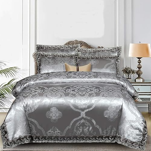 Miniatura 1 de Beyeutao Juego de funda de edredón jacquard tamaño Queen elegante juego de ropa de cama gris de satén de encaje de 3 piezas funda de edredón de