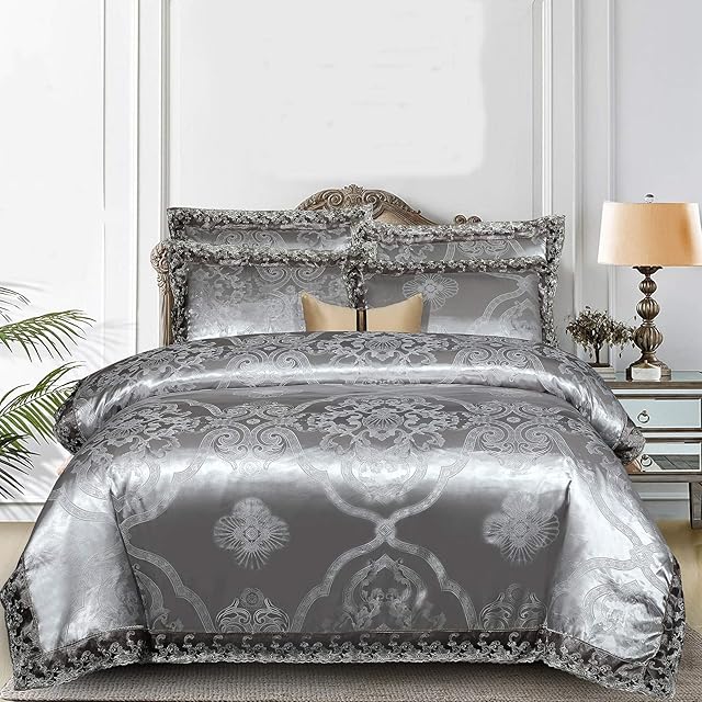 Beyeutao Elegant European Lace Duvet Cover Paisley Damask Design Grey Fabric Jacquard Weave Duvet Cover Set 3 Piece Double Quilt Cover Bedding Set. (Grey, Double)
