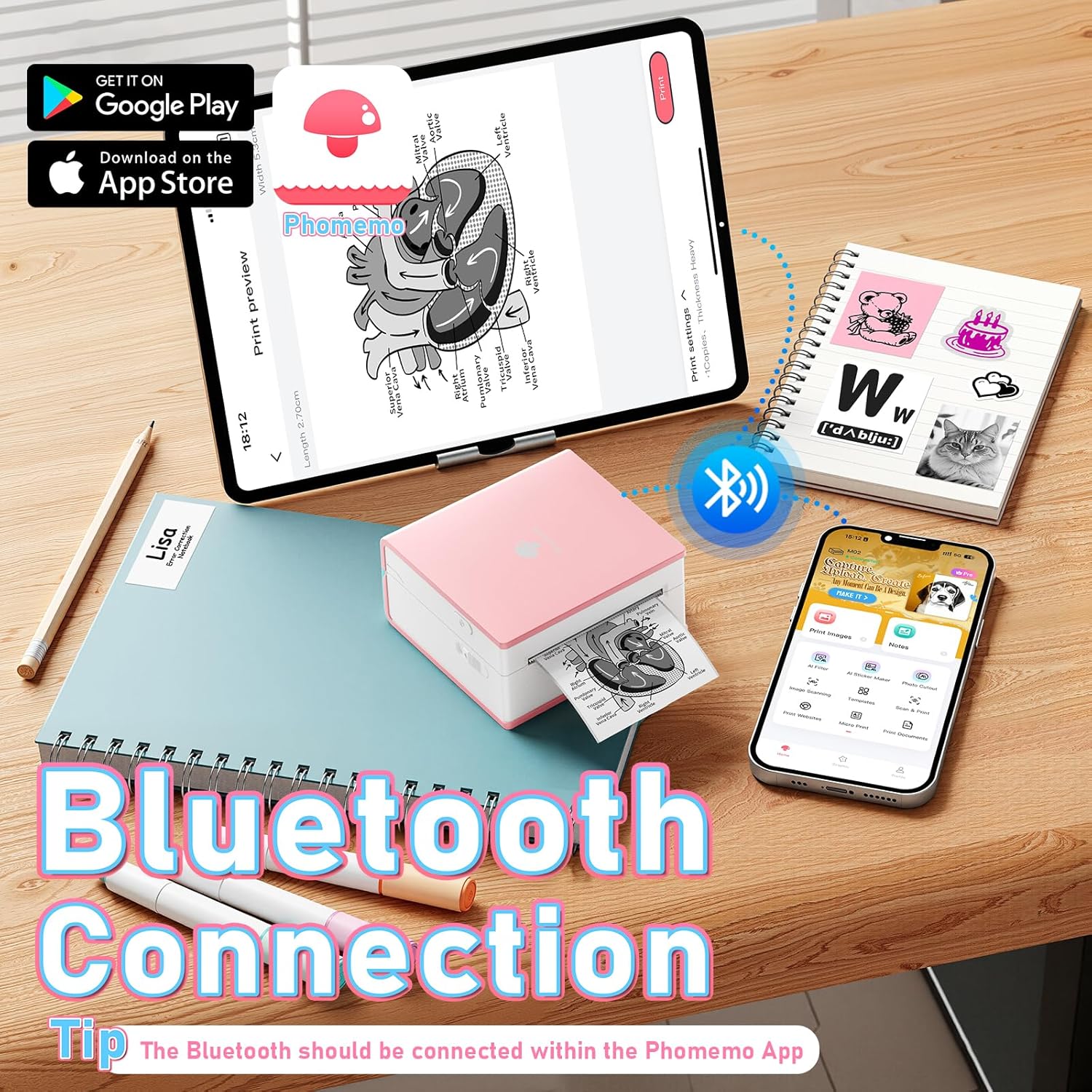 Phomemo Sticker Printer- Mini Thermal Sticker Printer Machine, Small Pocket Label Maker Instant Print for DIY Creation, Study Notes, Photos, Portable Inkless Photo Maker for Kids/Students, Pink