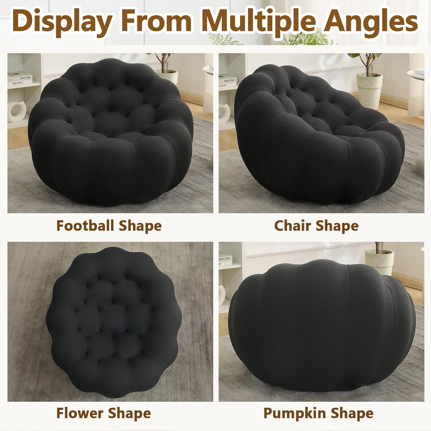 Memory Foam Bean Bag Chair for Adults/Kids, Small Cool Bubble Chairs for Bedroom, Cute Bubs Chair in A Box, Unique Pumpkin|No Assembly|Funky Reading Chair (Black, 37“)