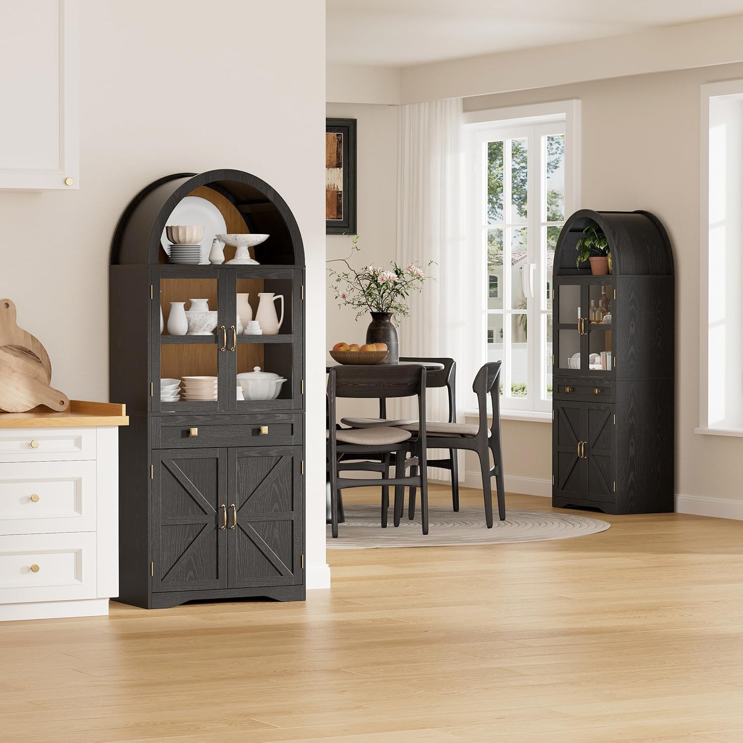 Maupvit 68.5" Tall Arched Kitchen Pantry, Kitchen Cabinet with Glass Doors, Storage Cabinet with Large Drawer and Adjustable Shelf for Dining Room, Living Room (Black)