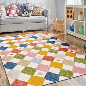 jinchan Kids Area Rug 4x6 Washable Indoor Checkered Floor Cover Non Slip Modern Soft Rug Living Room Carpet Decor for Nursery Dining Room Bedroom Circus on Cream