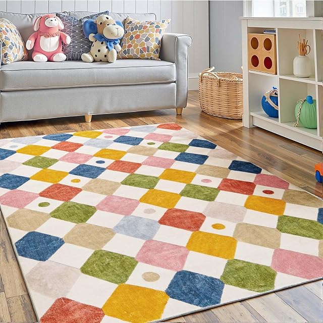 jinchan Kids Area Rug 4x6 Washable Indoor Checkered Floor Cover Non Slip Modern Soft Rug Living Room Carpet Decor for Nursery Dining Room Bedroom Circus on Cream