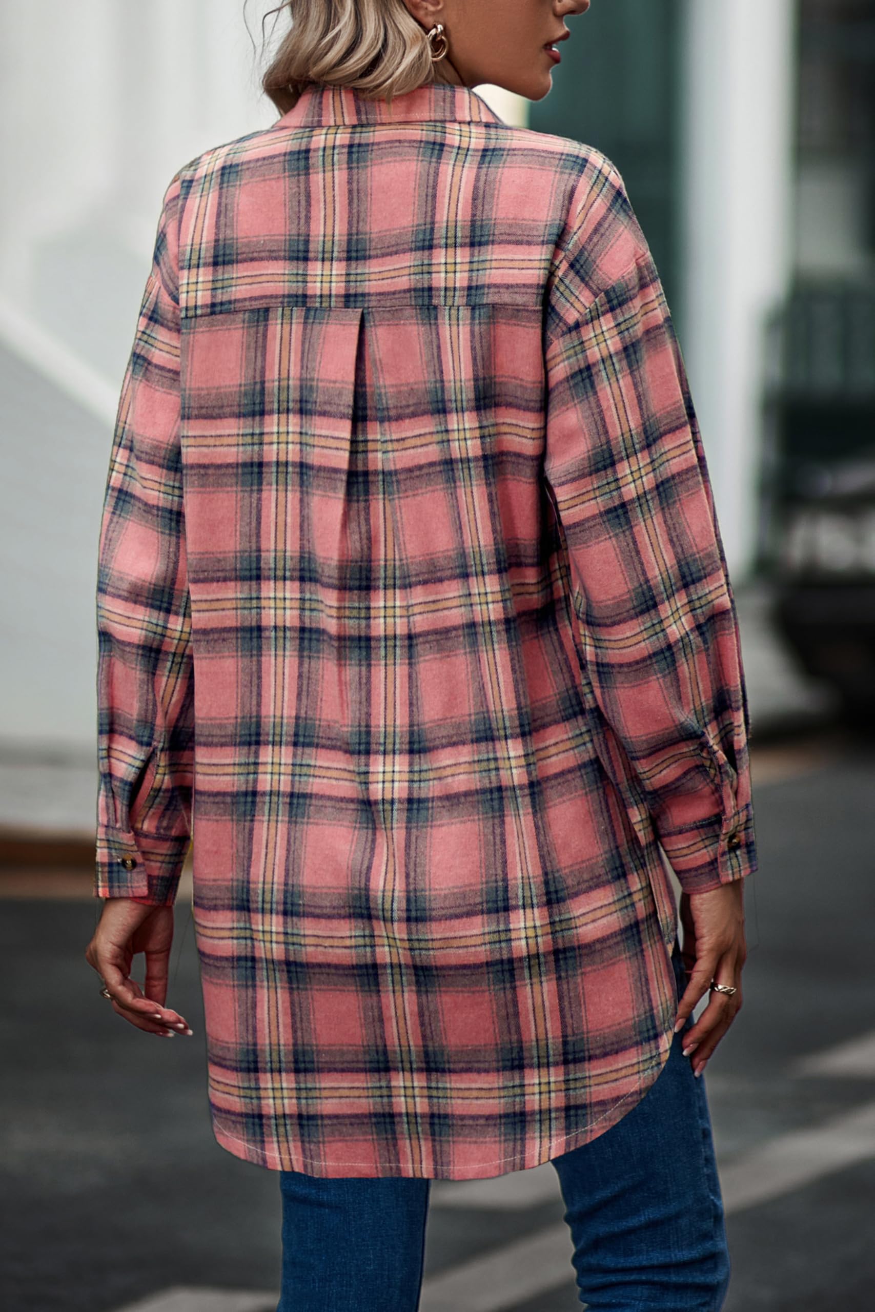 Jhsnjnr Damska flanelowa bluzka w kratkę, listwa guzikowa, dekolt w serek, długa koszulka oversize, koszula w kratkę, koszulka z długim rękawem
