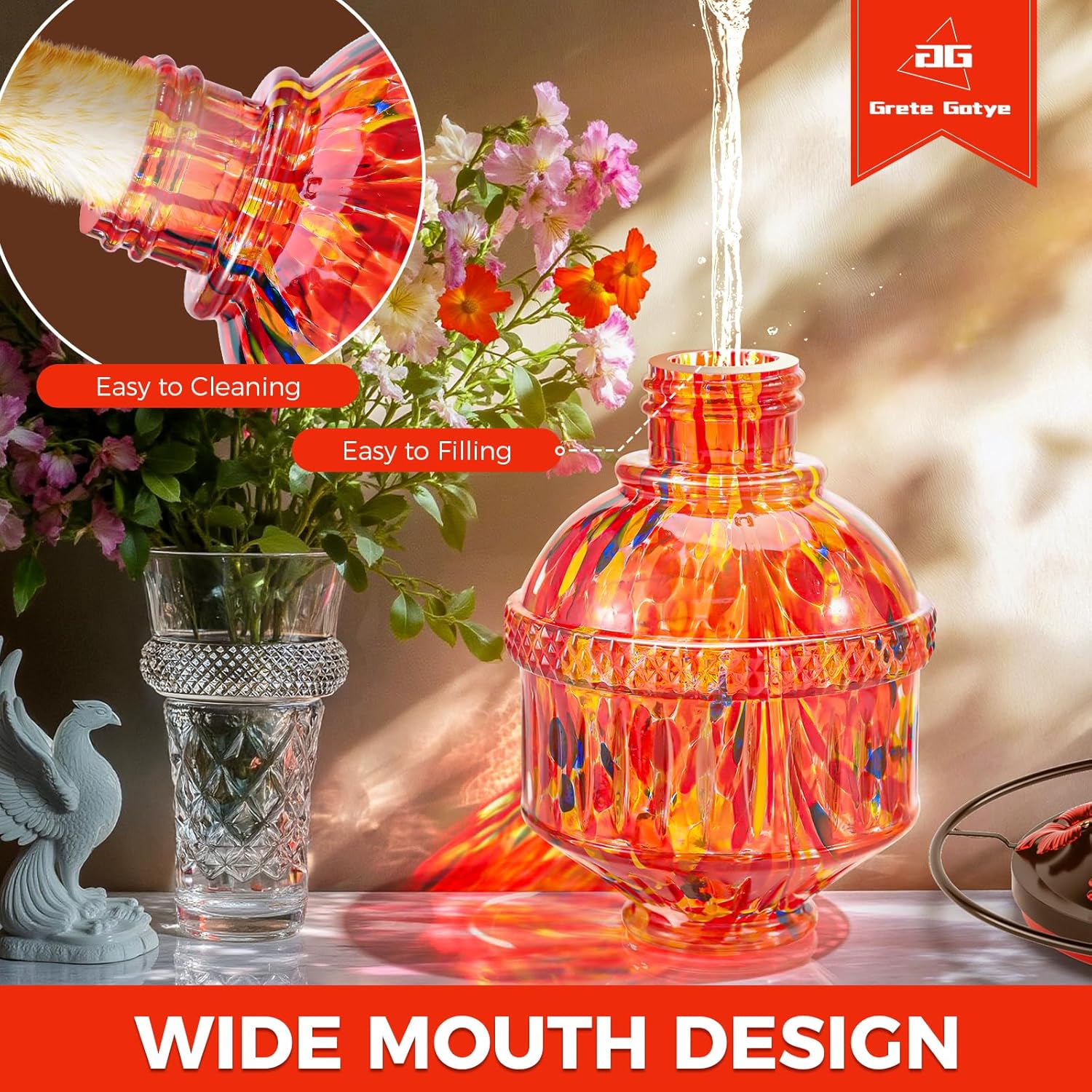 Blown Glass Hummingbird Feeders for Outdoors, 25 Ounces Wild Bird Nectar Feeder with Perch & 5 Flower Feeding Ports Leak Proof Hanging for Garden Backyard Decor, Gifts for Women Mom, Sunrise Red - Image 5