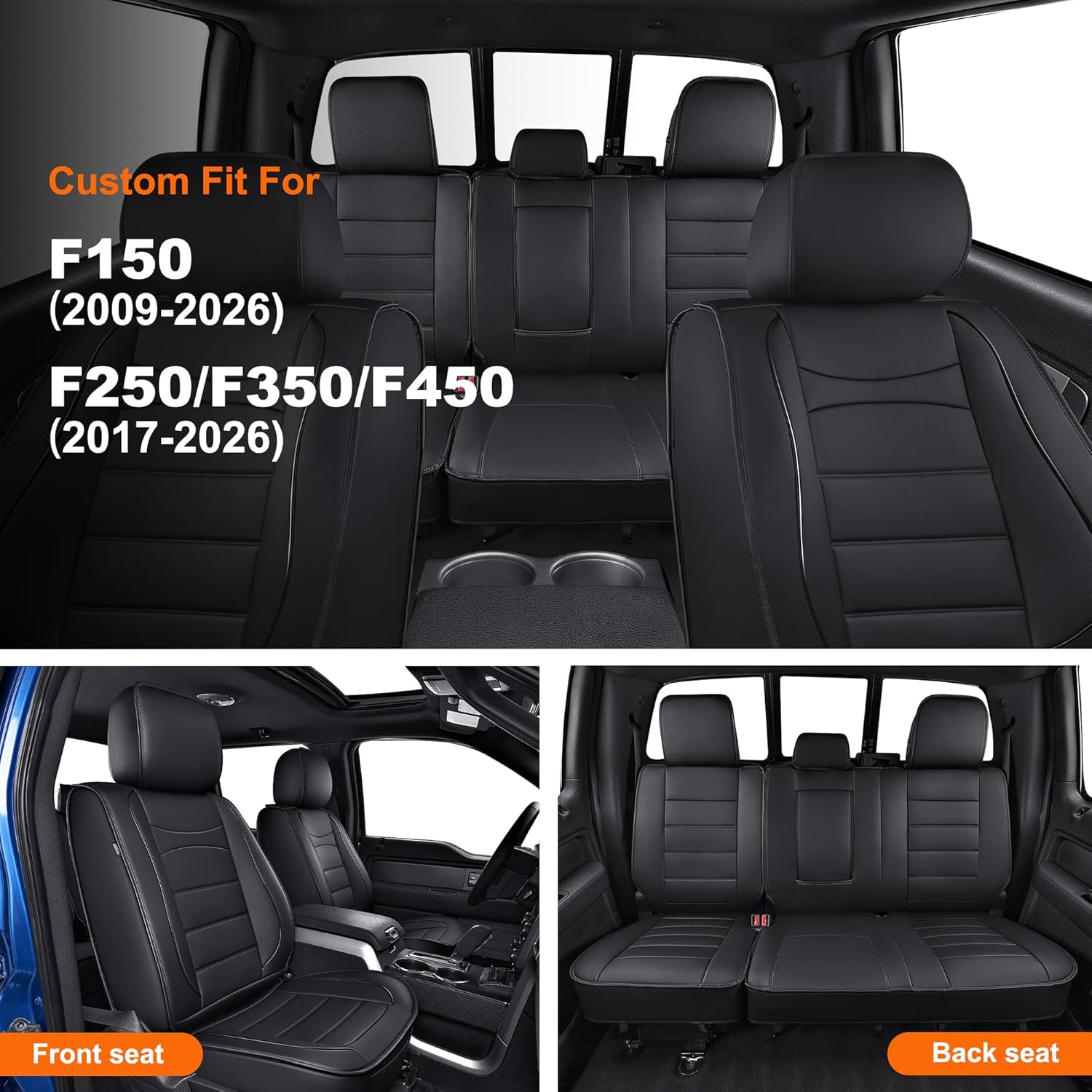 for Ford F150 Seat Covers 2009-2026 & for F250/F350/F450 Seat Covers 2017-2026 Pick-up Truck Full Set Car Seat Covers (Black, 5 Seats)