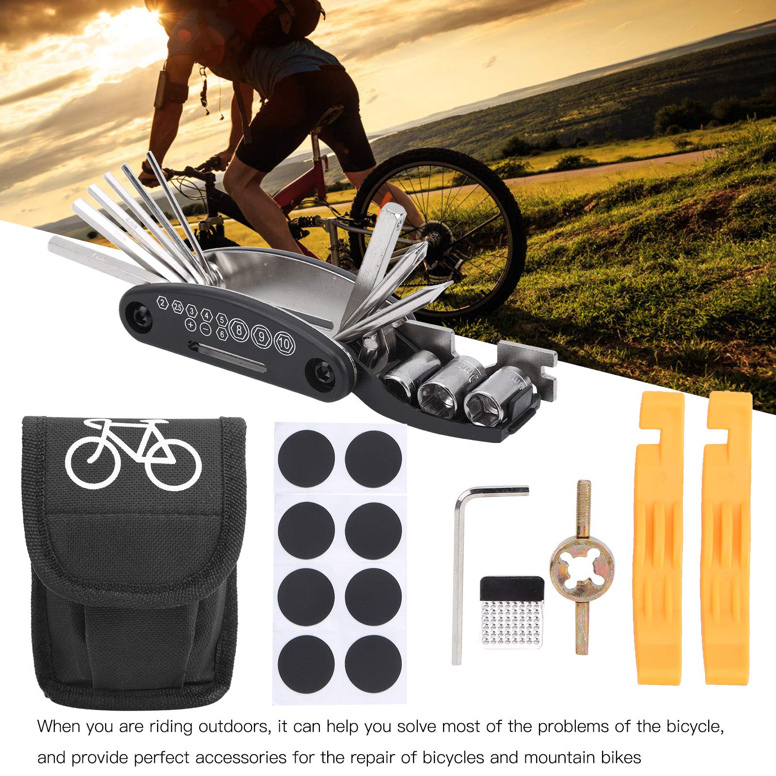 KIT ATTREZZI MULTIFUNZIONE 16 IN 1 PER RIPARAZIONE BICI - TOOL PER FORATURA E TOPPE PATCH - LAXZO JE614
