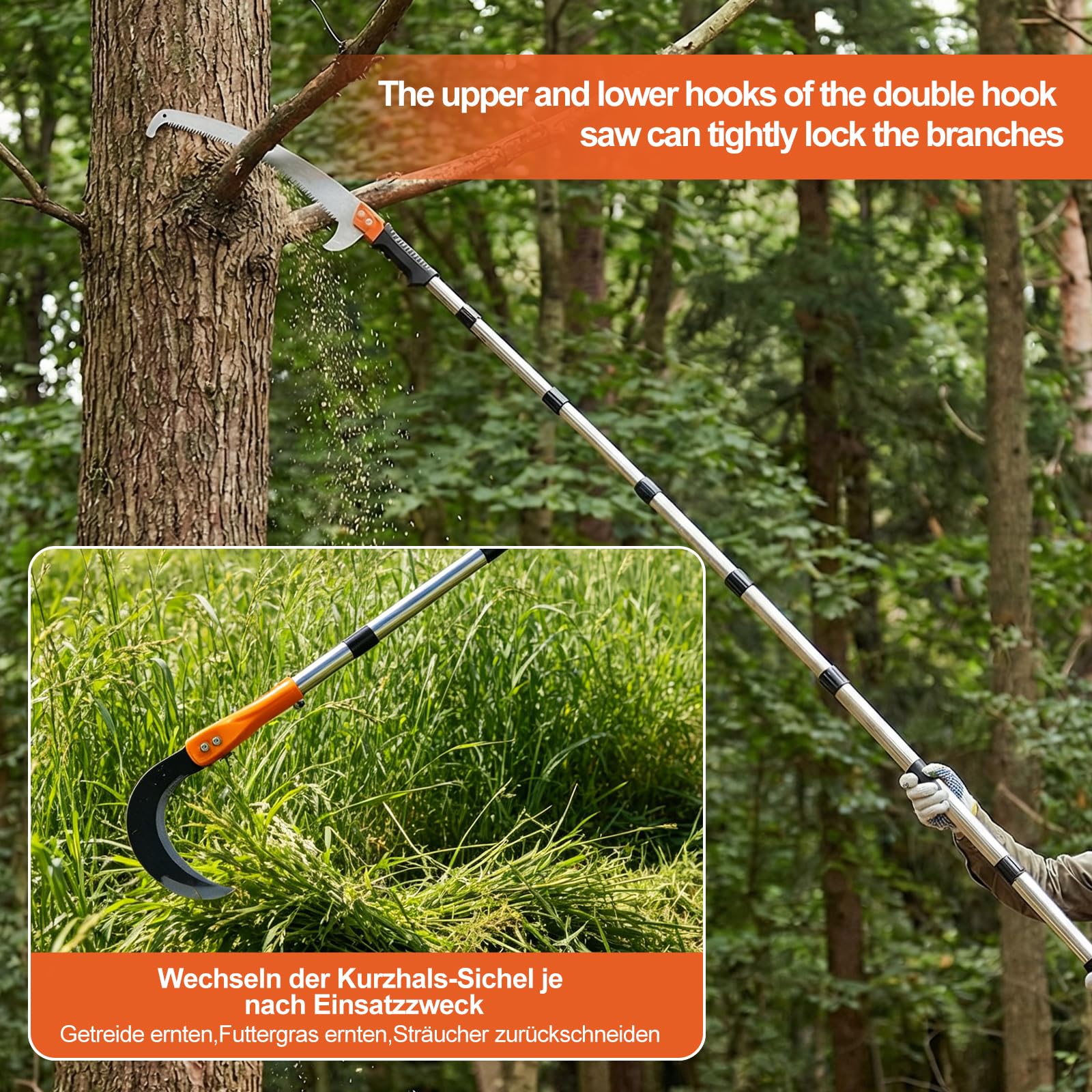Teleskop Astsäge aus Kohlenstoffstahl,Astsäge mit Teleskopstiel+Sichel,mit 12-teiliger Teleskopsäge 0,59-5,53m Hochentaster Baumsäge,Tragetasche,Schutzbrille und Handschuhe,C60 Profi-Gartengeräte