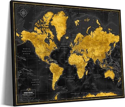 World map with pins to mark travels - World Map pinboards for globetrotters & and travel-themed interiors 32 x 24, Midnight Gold