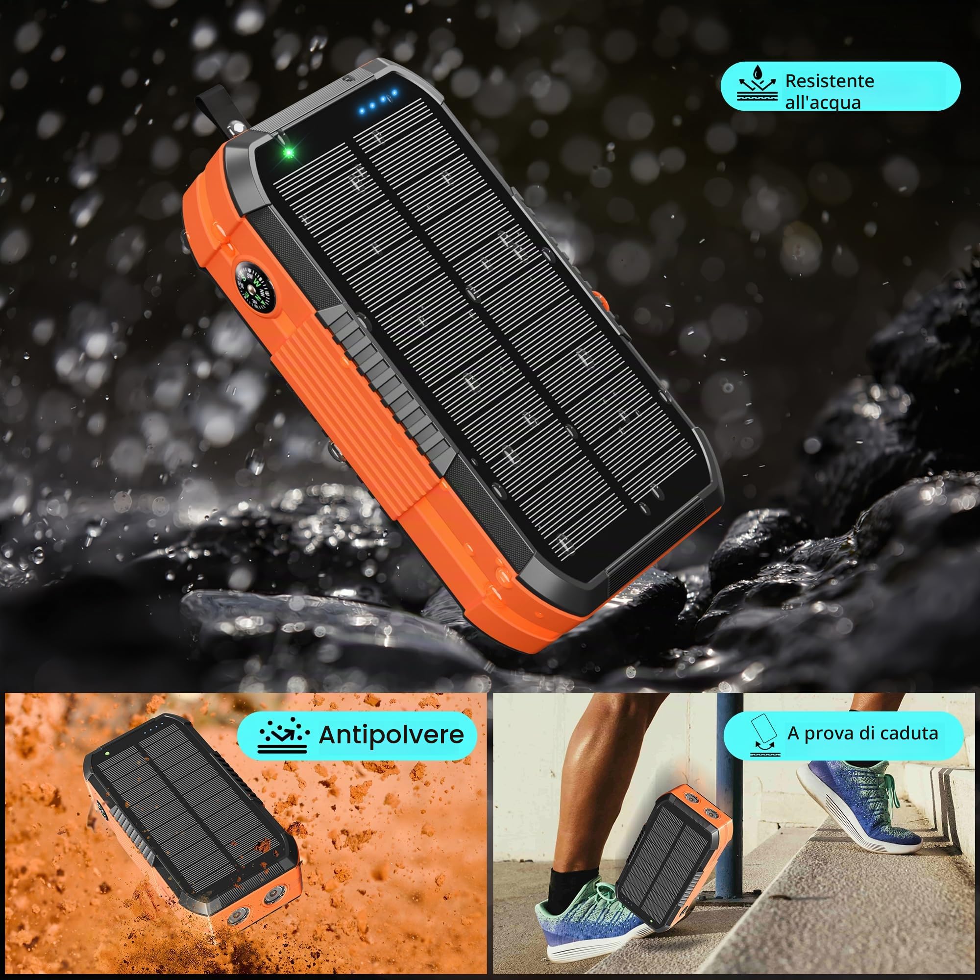 70000mAh Power Bank Solare con Ricarica Wireless 30W PD Batteria Esterna Portatile con 6 Uscite,Torcia LED Bussola e Manovella di emergenza,Ideale per Campeggio e Attività Outdoor