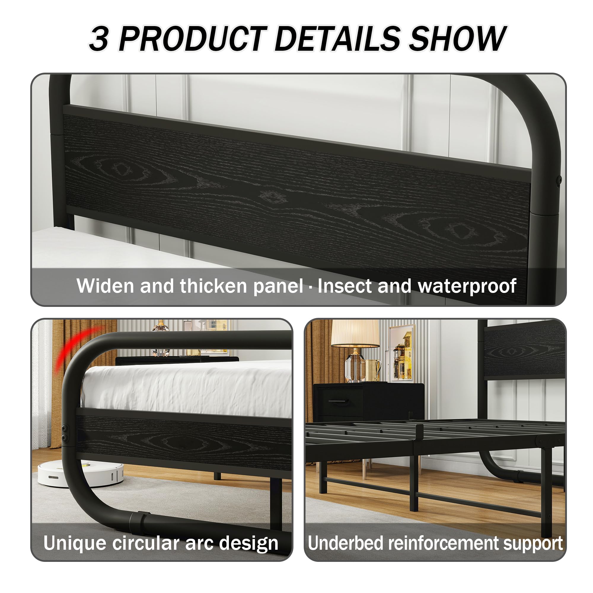 HOMERECOMMEND Metalowe łóżko 120 x 200, rama łóżka z metalu i drewna ze stelażem, rama łóżka 120 x 200 cm z zagłówkiem, owalne łóżko platformowe z miejscem do przechowywania pod łóżkiem, czarne